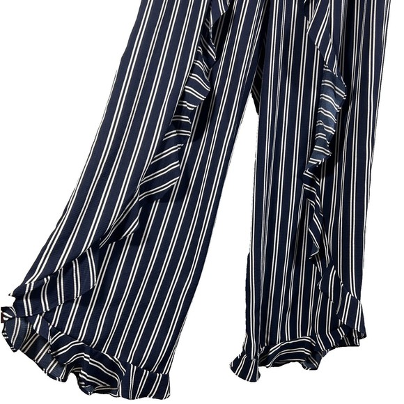 Green Envelope Women's Blue Striped Ruffle Wide-Leg Casual Pants Trouser Size M - Picture 5 of 12
